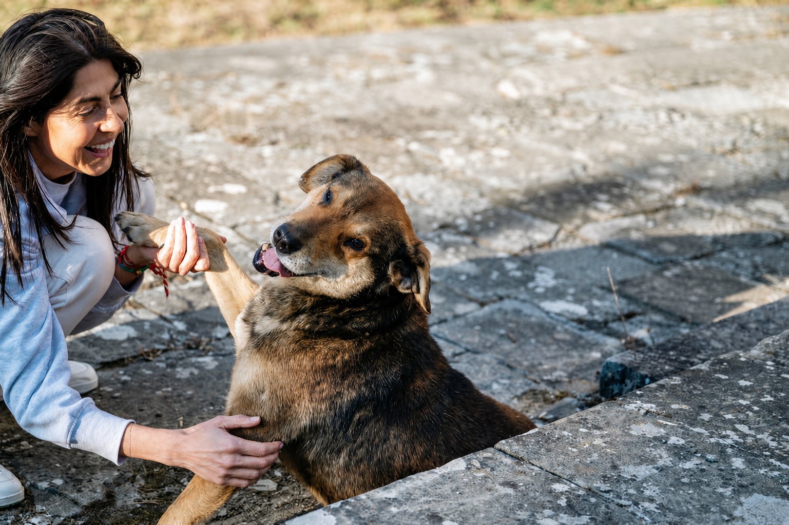 A woman gently holding paws with a rescue dog